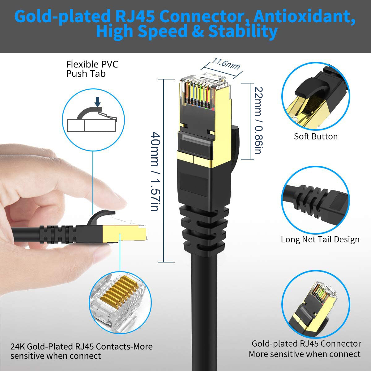 Cat 8 Cable, Category 8 S/FTP 40Gbps Ethernet Cable Wide Compatibility US Lot