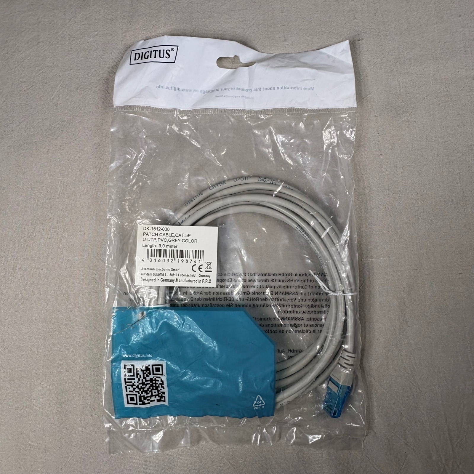 Digitus Cat 5e U-UTP PVC Patch Cable 3m Grey Ethernet Network DK-1512-030