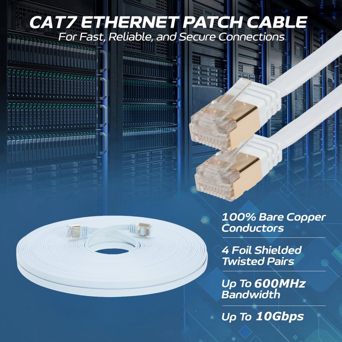 CAT7 Flat SFTP Ethernet Patch Cable 10Gbps Blue Cord 6FT-100FT Multi-Pack LOT