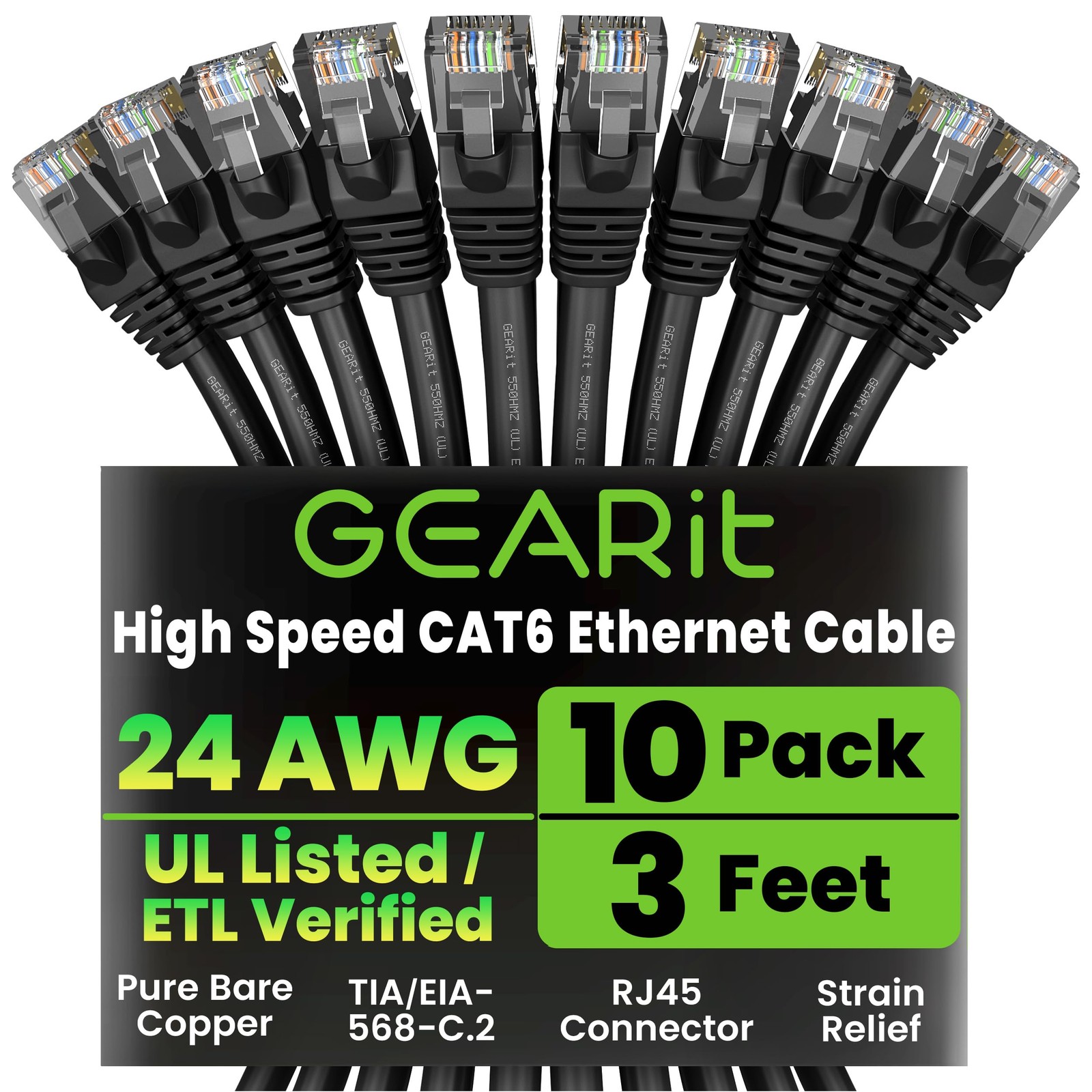 Cat 6 Ethernet Patch Cable 3 ft Black (10 Pack) Cat6 Patch Cables 3ft Black/E…