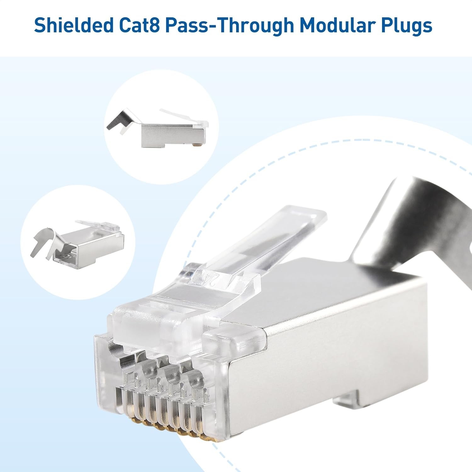 20-Pack Shielded Cat8 RJ45 Pass-Through Connectors, 23-24AWG