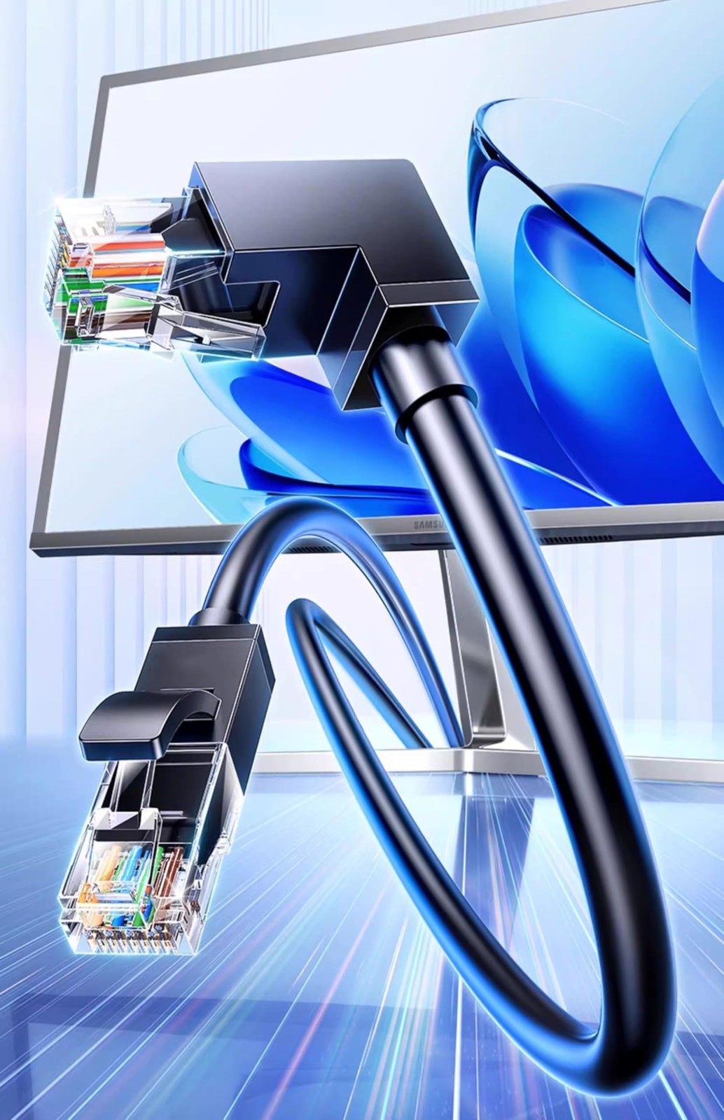 2 PCS 4.8FT 90 Degree Right Angle UP CAT6A RJ45 LAN Patch Cord Black