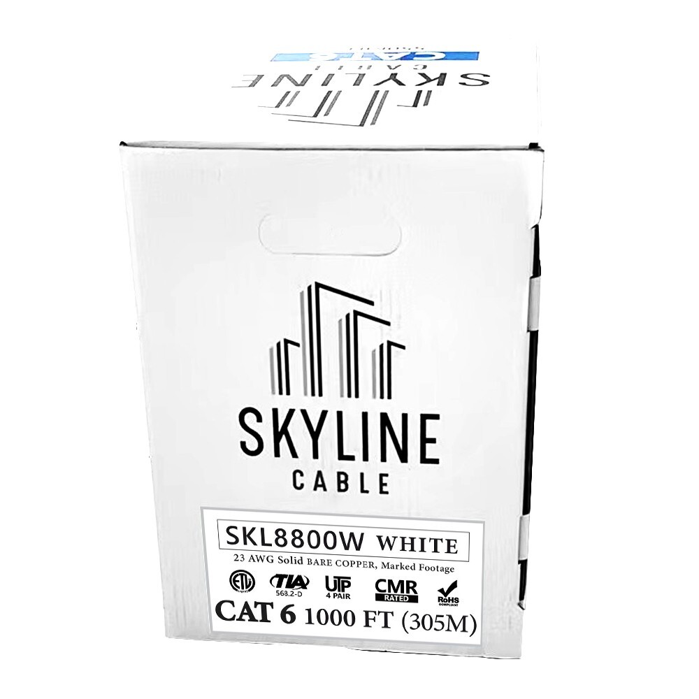 Skyline Cat 6, Solid Bare Copper, CMR Rated, 1000ft Bulk Network Cable, (White)