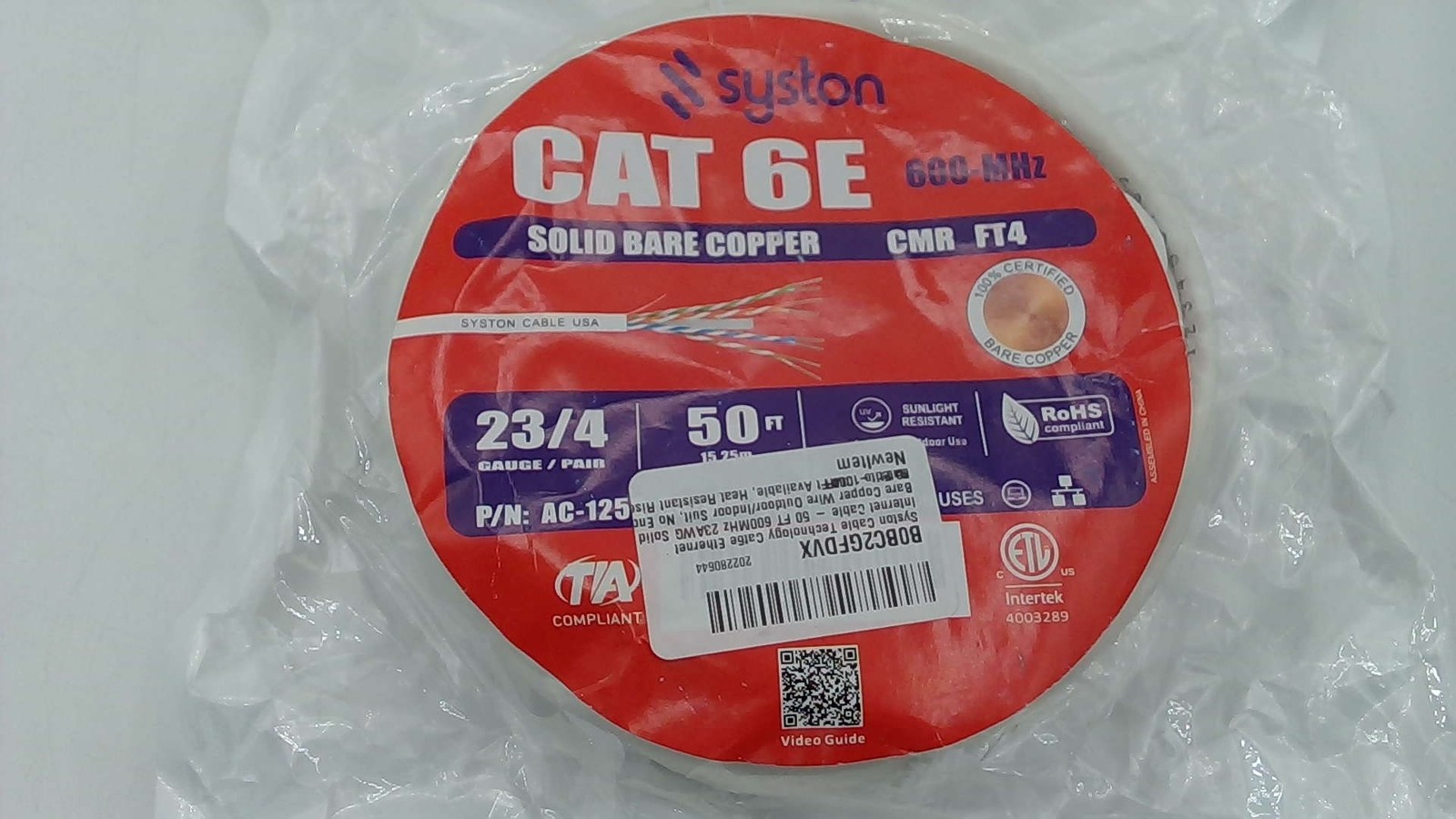 Syston Cat 6e Ethernet Cable 500 Ft CMR UTP 23 AWG 600 MHz Bare Copper Wire