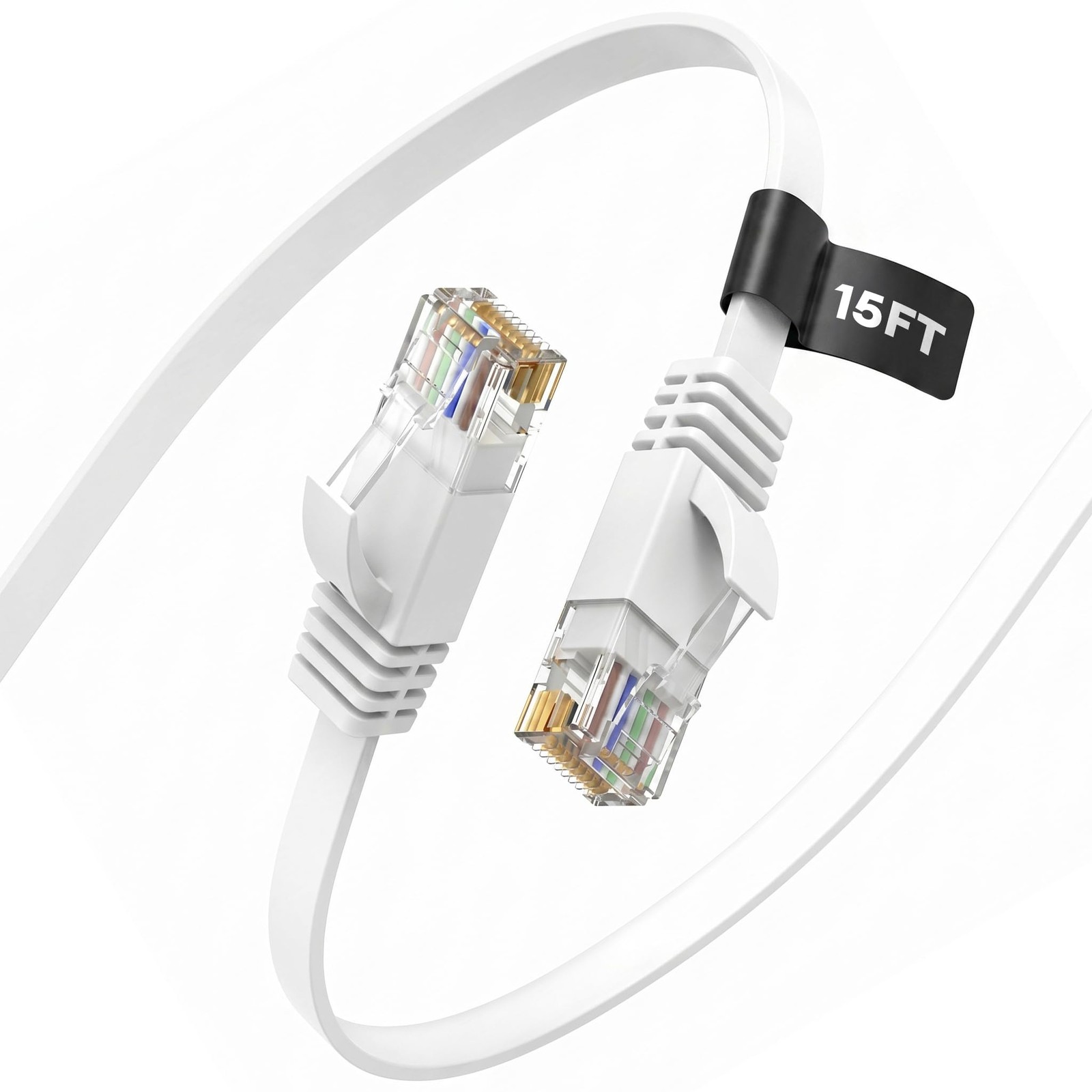 White Cat 6 Flat Ethernet Cable 15 Ft 10Gbps LAN Cable
