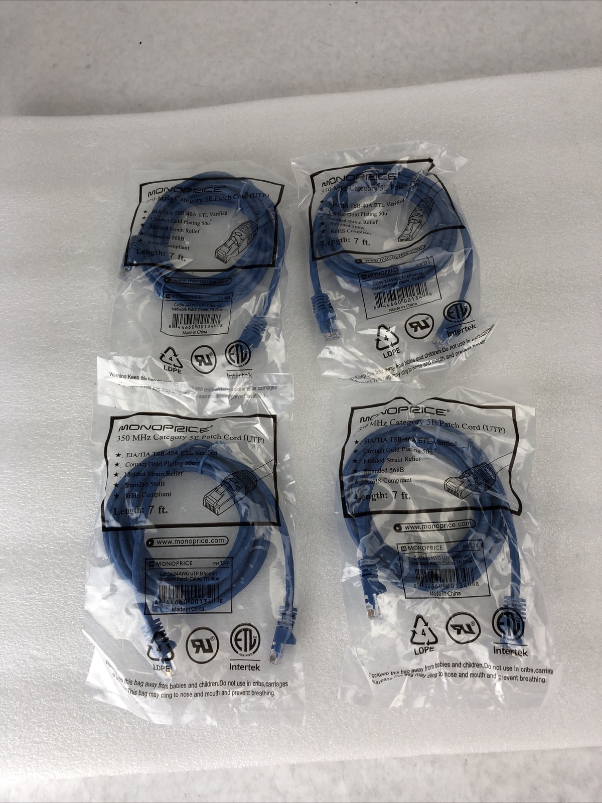 Monoprice Blue 7ft 5E Ethernet Patch Cord (UTP) – RJ45 350Mhz (Lot of 4)