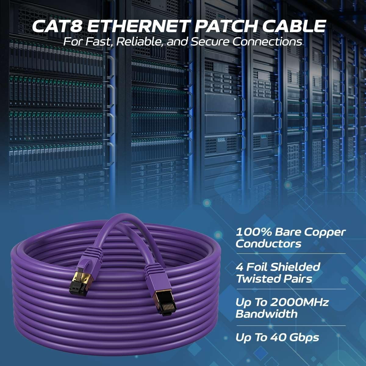 Cat8 SFTP Super Speed Ethernet Patch Cord 40Gbps Wire 0.5FT-75 FT Purple LOT