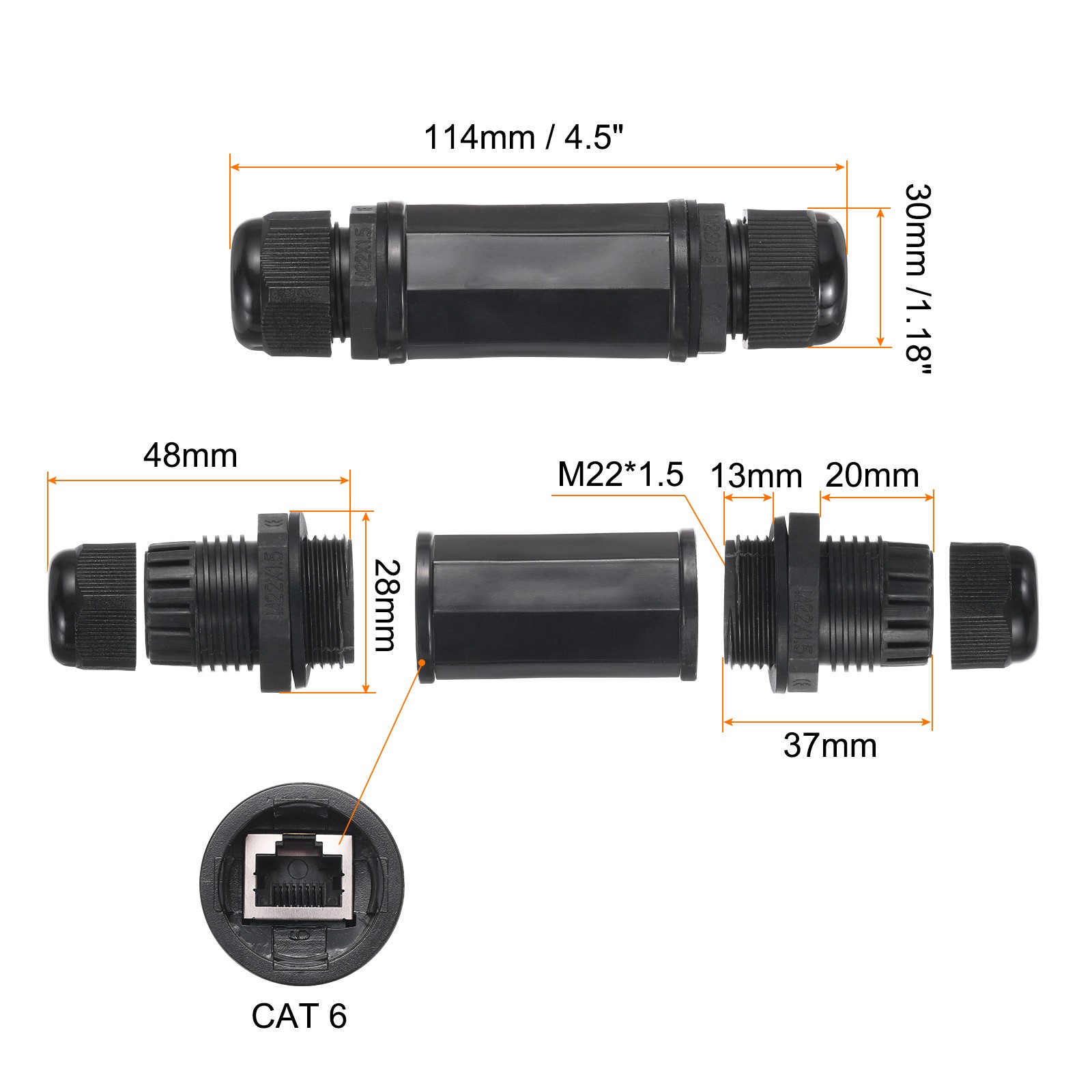Waterproof RJ45 Coupler, Dual Head IP67 Ethernet LAN Cable Connector, Pack of 10