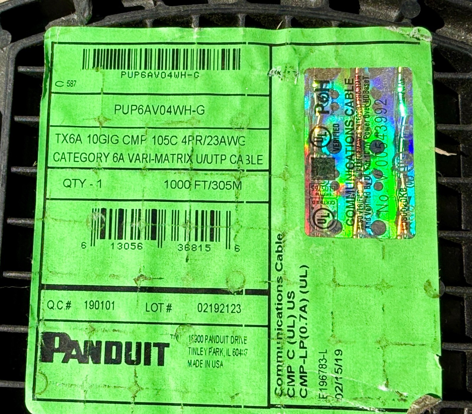 Panduit TX6A 10G Vari-Matrix, Plenum U/UTP, CMP Cat 6A, 4/23 AWG, WHITE – 1000Ft