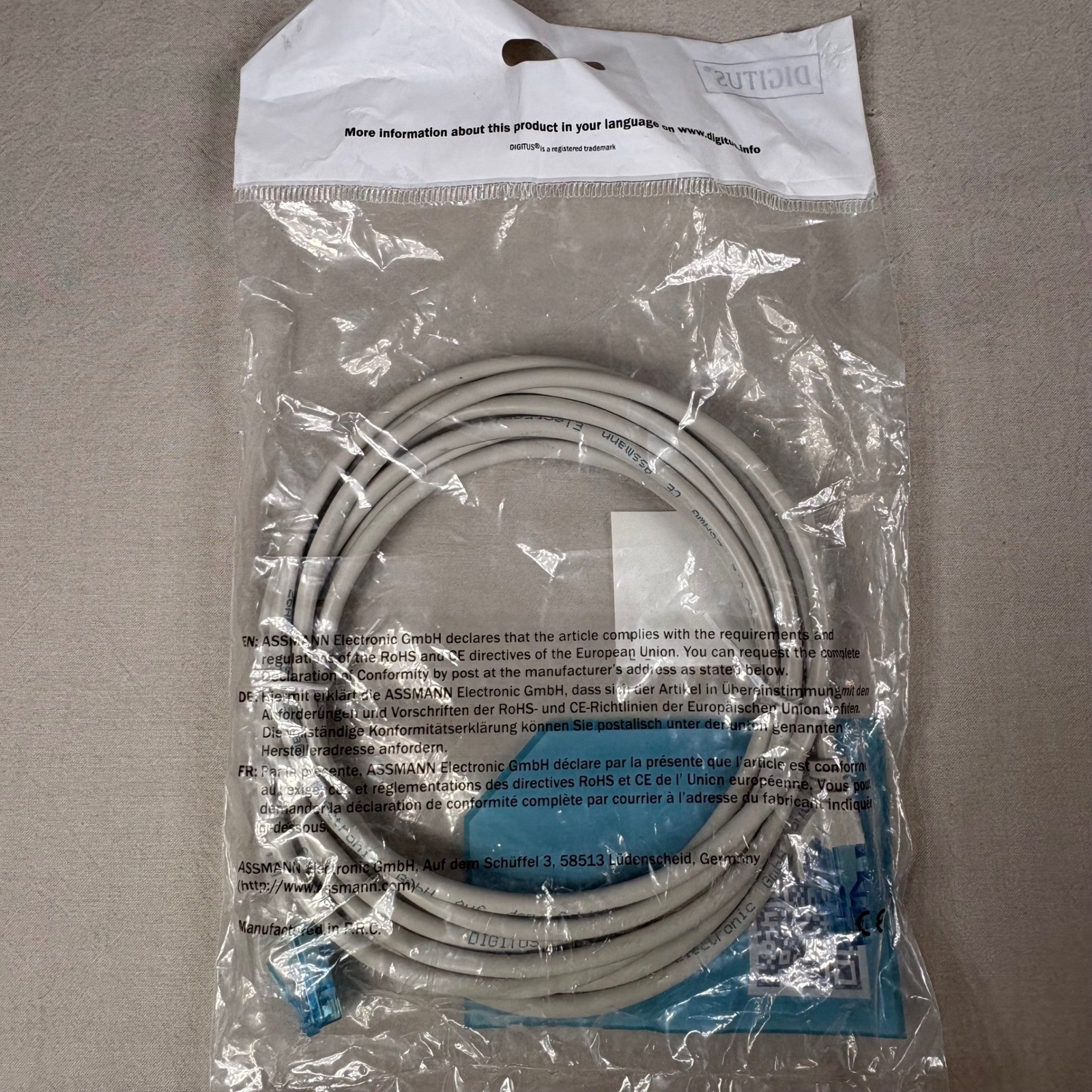 Digitus Cat 5e U-UTP PVC Patch Cable 3m Grey Ethernet Network DK-1512-030