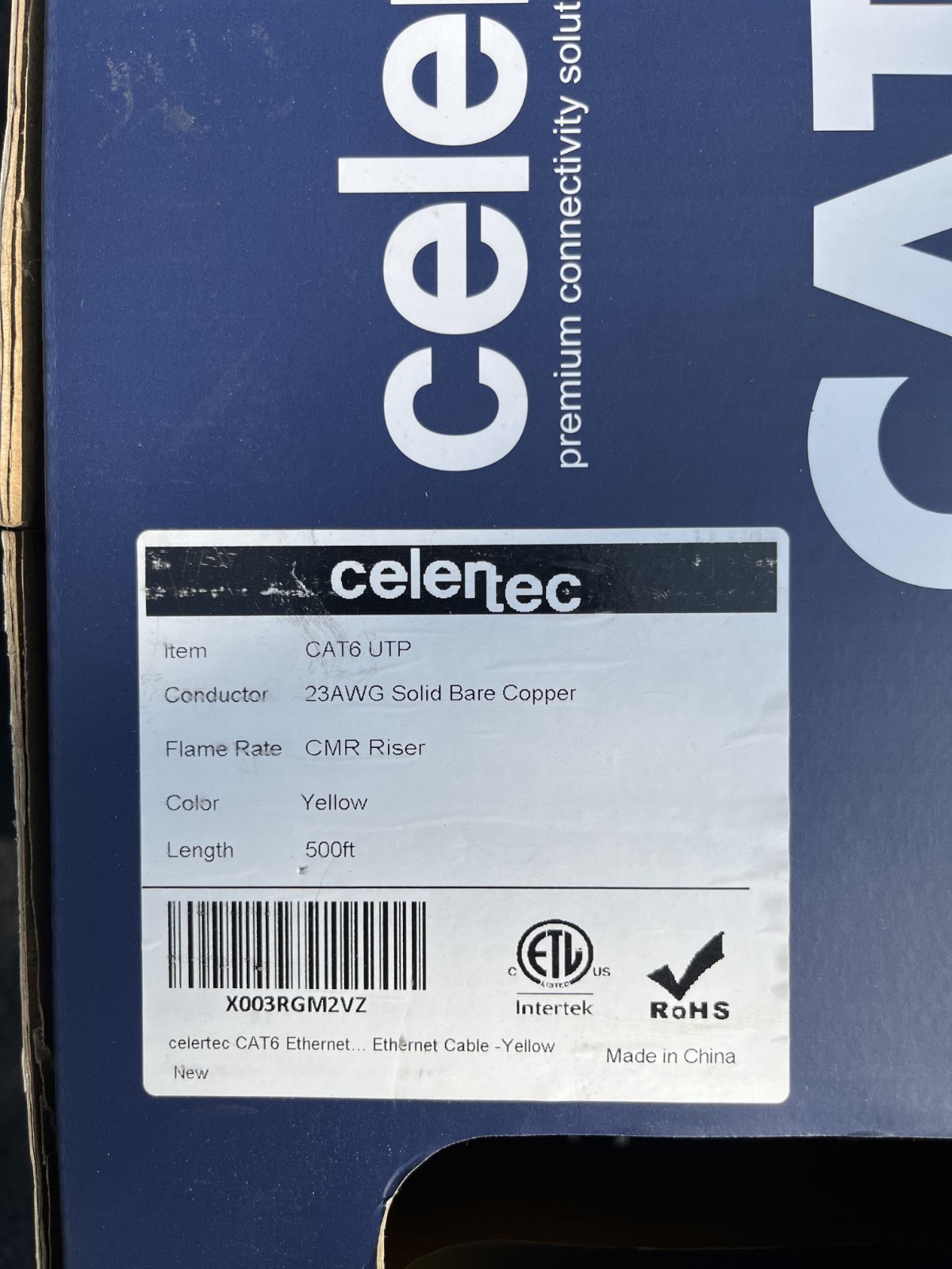 Cat6 UTP 500ft Yellow – 23AWG Solid Bare Copper CMR Riser