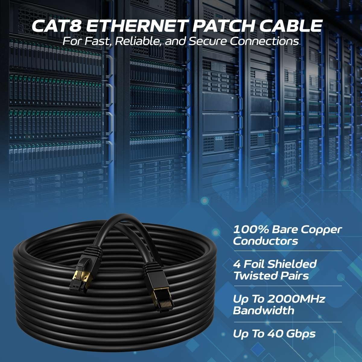 Cat8 SFTP High Speed Ethernet Patch Cord 2GHz LAN Wire 0.5FT- 75 FT Black Lot