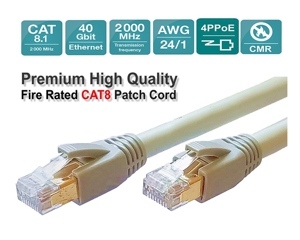 Sunnytech CAT8 CMR AWG24, 2000MHz 40Gbps PoE++, Fire Rated Patch Cord, Grey, 3ft
