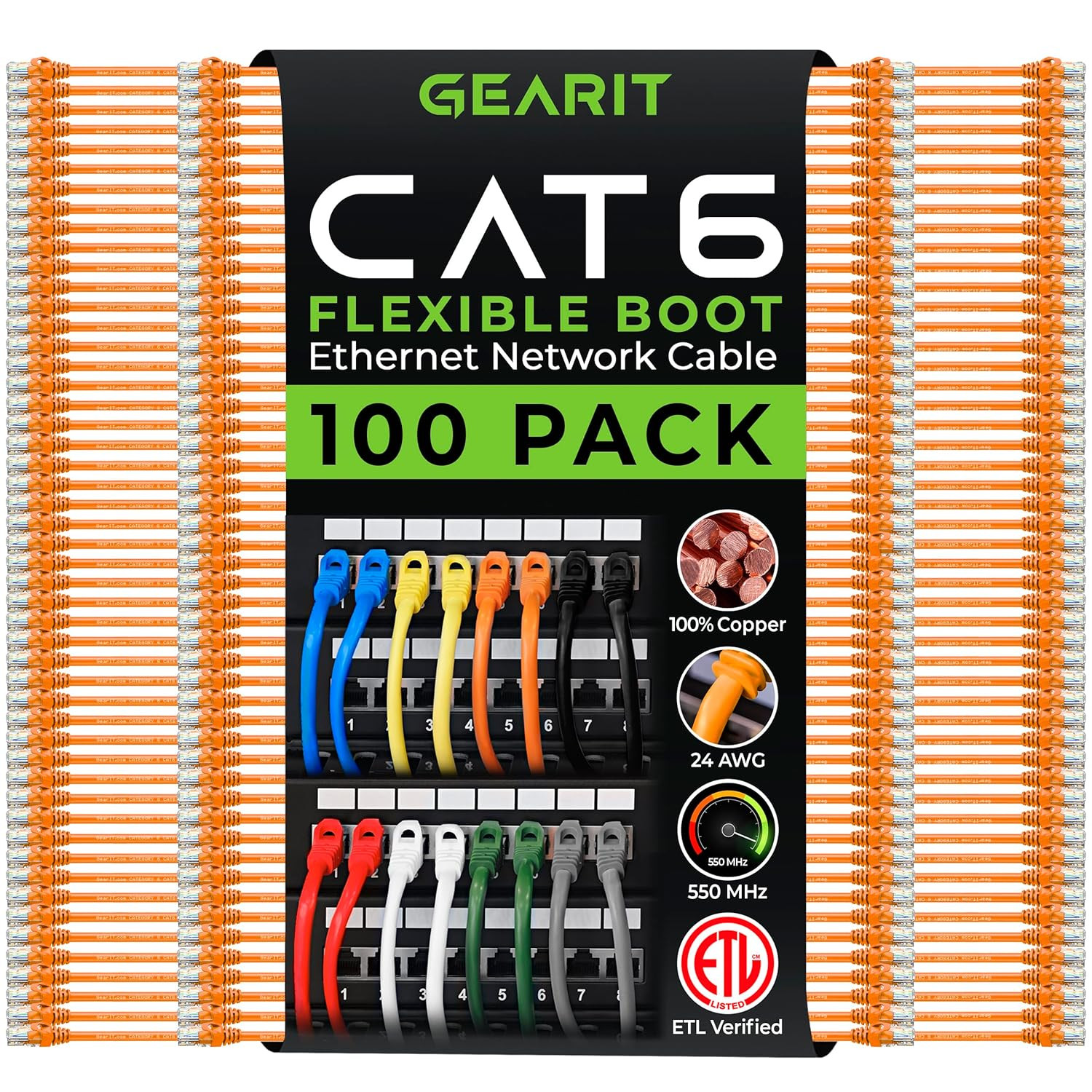 Premium 100-Pack Cat6 Ethernet Patch Cable, 3ft, Snagless, Orange