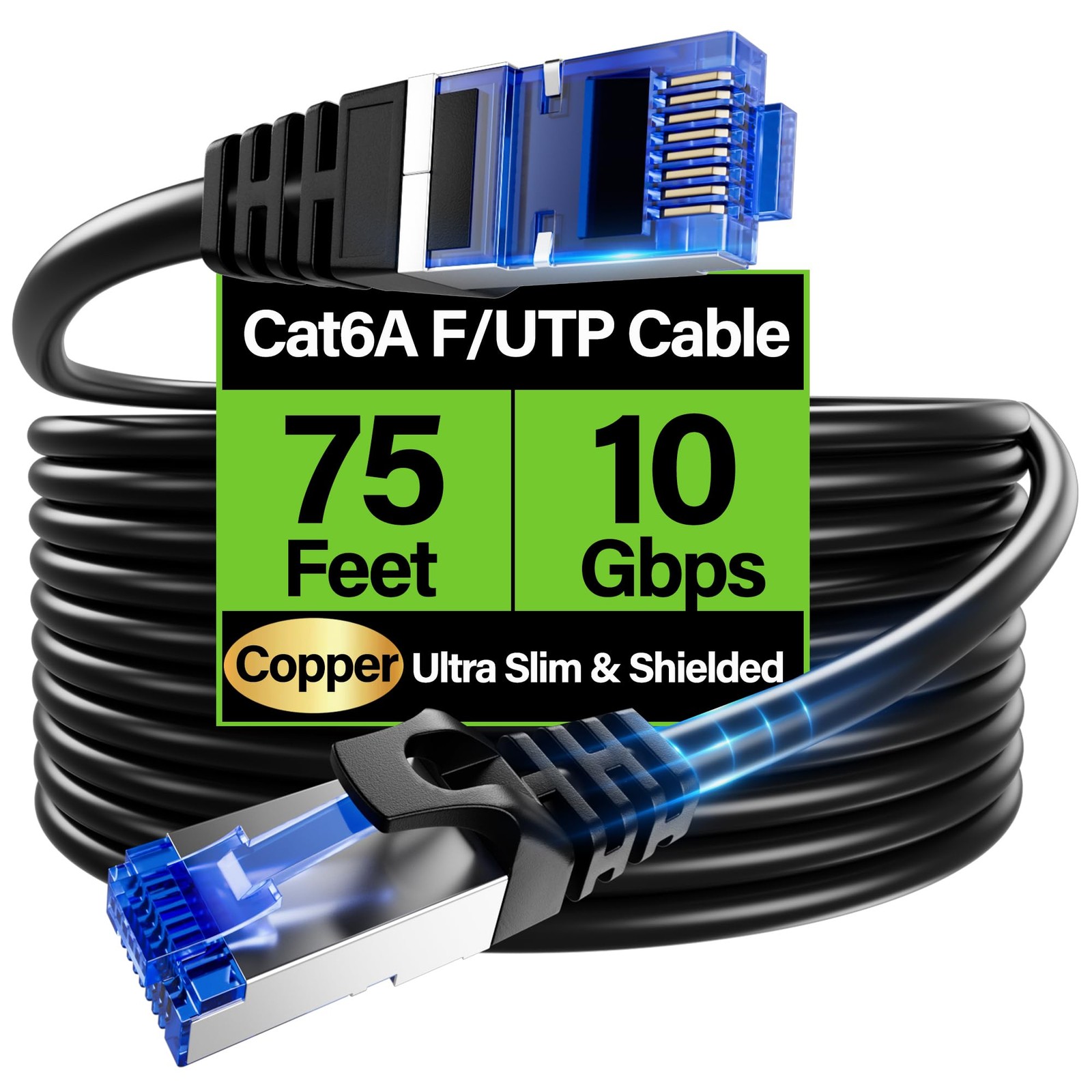 Cat6A Ethernet Cable Shielded 10Gbps 75ft Slim F/UTP 28AWG Bare Copper Black