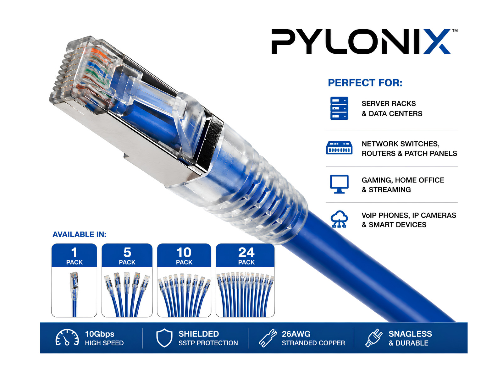 Pylonix 1FT Cat6a Ultra Slim 26AWG Shielded RJ45 Patch Cable Blue 5/10/24 Pack