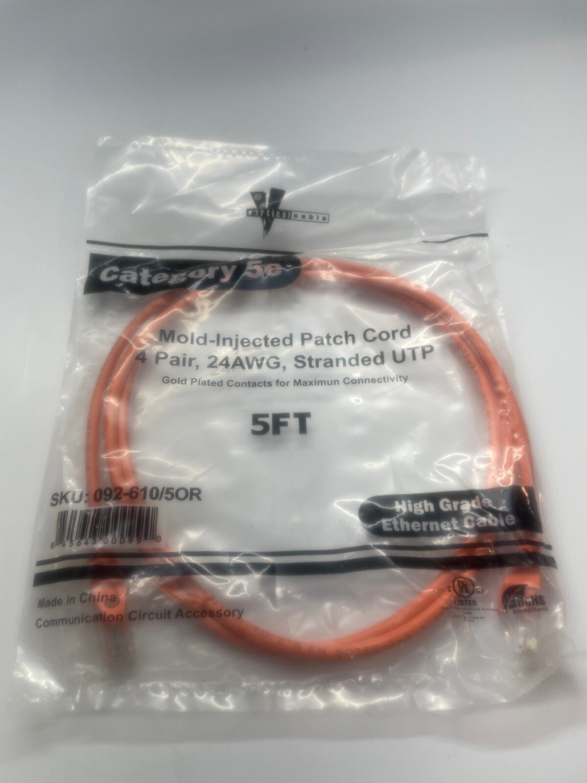Category-5E Mold-Injection-Snagless Patch Cord 24 AWG Stranded PVC Jacket 6-Pack