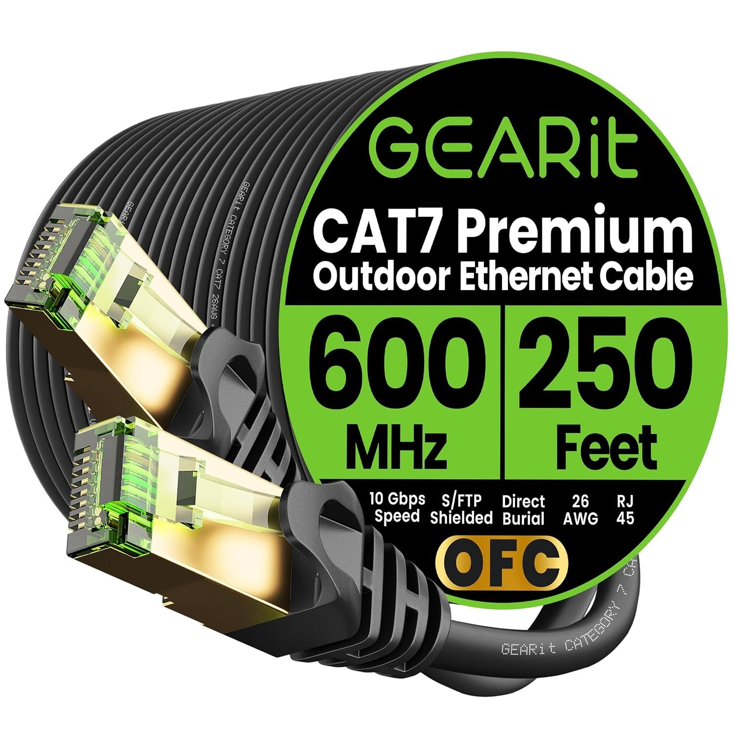 250Ft Cat7 Outdoor Ethernet Cable – Waterproof, Direct Burial, Pure Copper