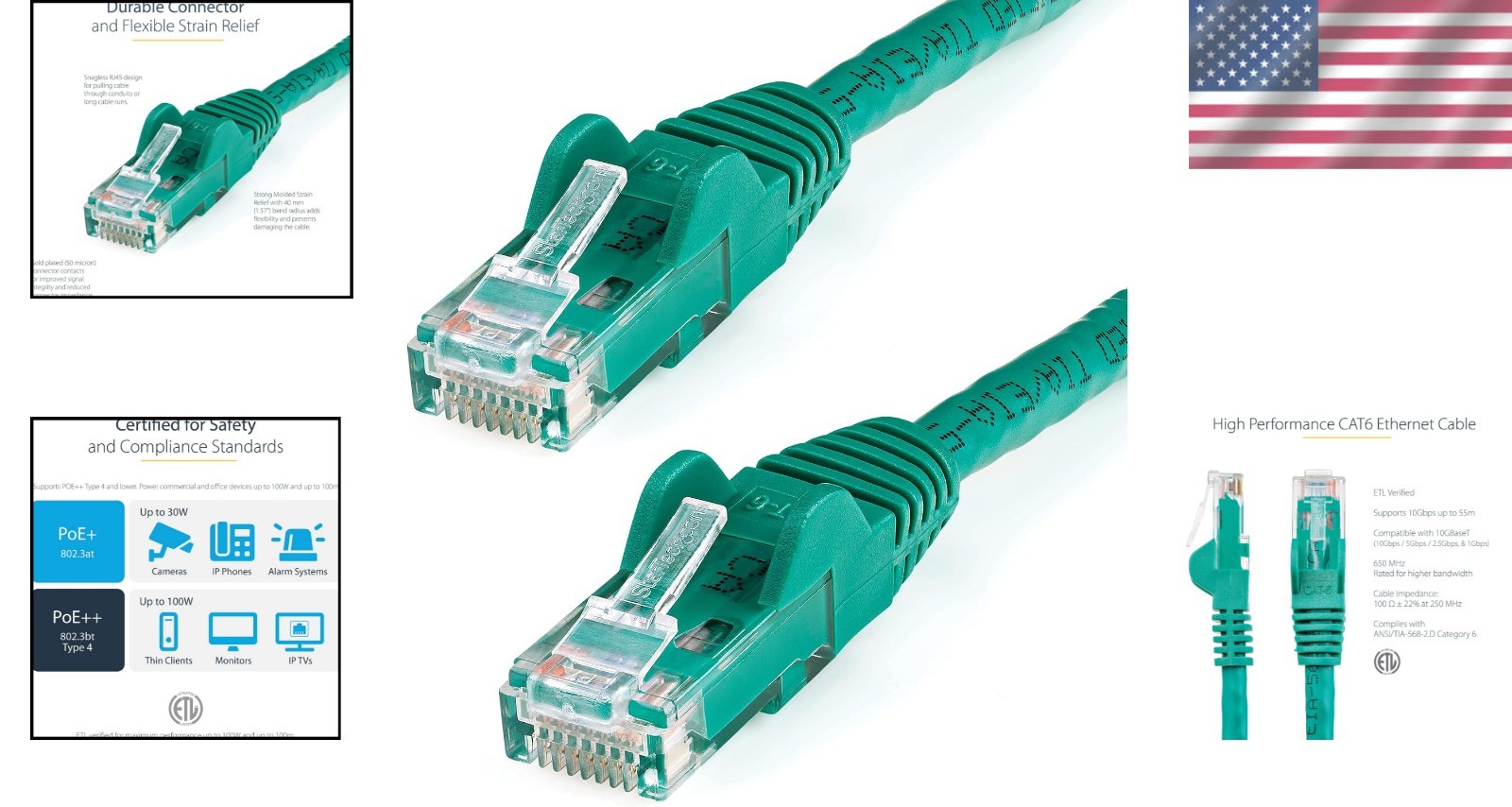 Durable Green 6ft Ethernet Cable – CAT 6 Snagless Design with Strain Relief