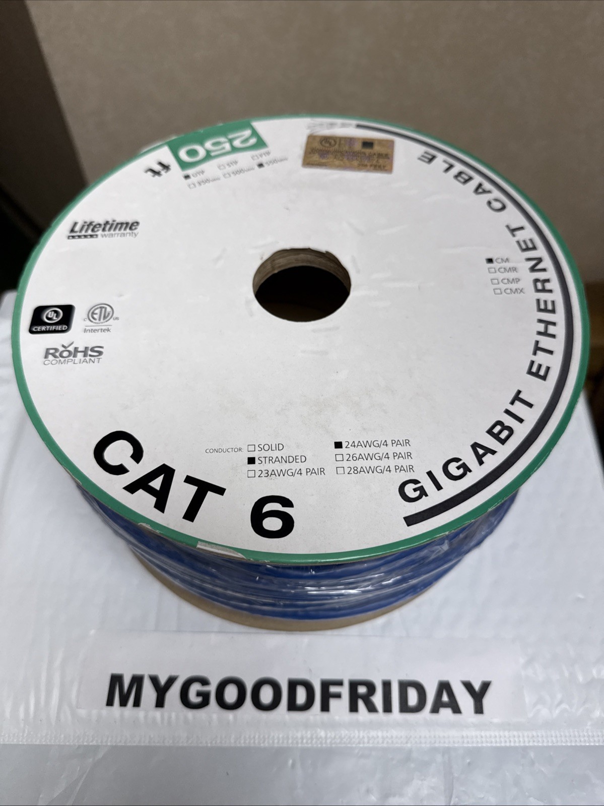Monoprice Blue 250ft Cat6 Bulk Stranded UTP 24AWG Copper Wire Cable Pull Box New