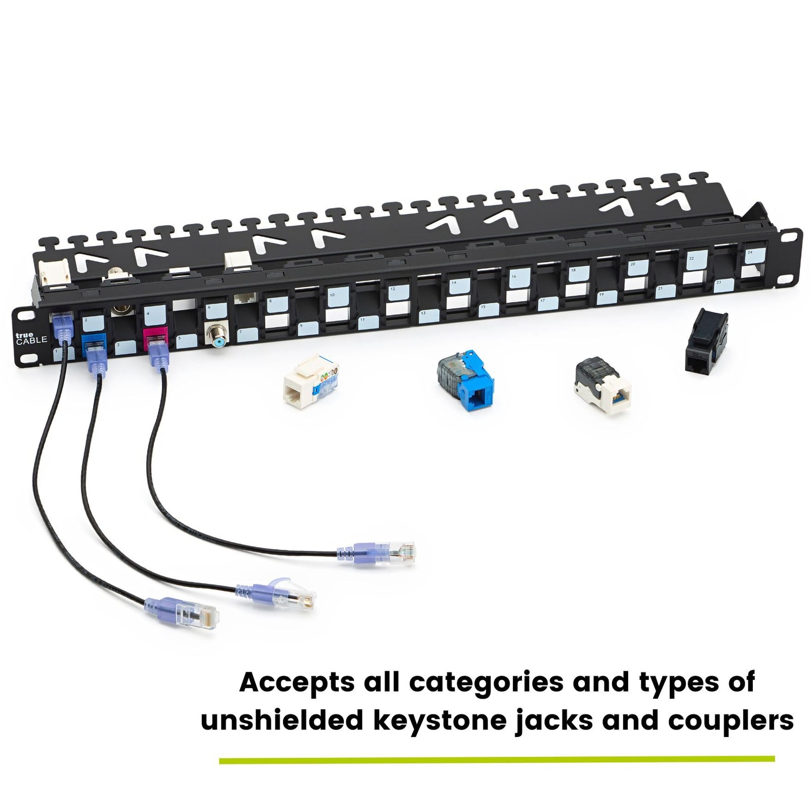 trueCABLE 3-D Staggered 24 Port 19” Toolless Modular Patch Panel, Unshielded,…
