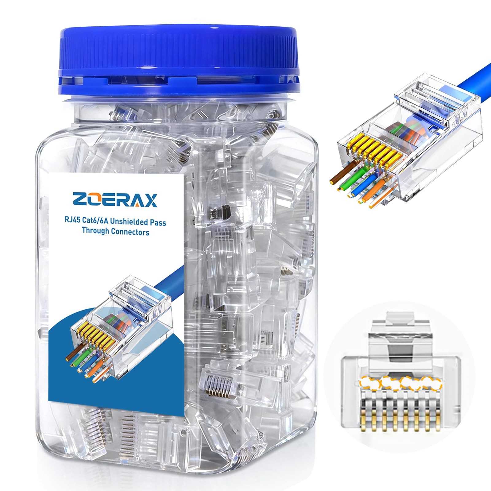 100 PCS Cat 6A RJ45 Pass Through Connector Wire OD 1.20mm Ethernet UTP Ends