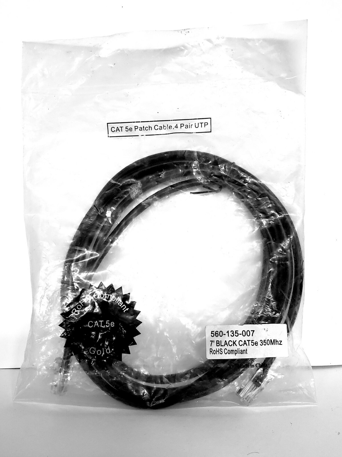 7ft Black CAT5e Gold 350Mhz Patch Cable 4 Pair UTP 560-135-007 RoHS Compliant