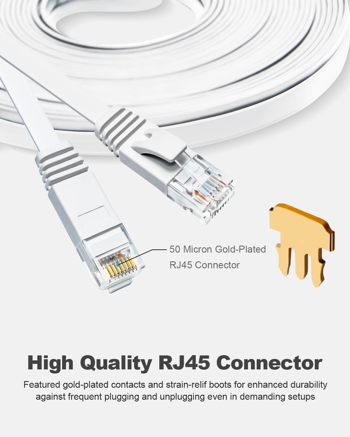 65 FT White CAT 6 Ethernet Cable Gigabit High Speed Flat Snagless RJ45