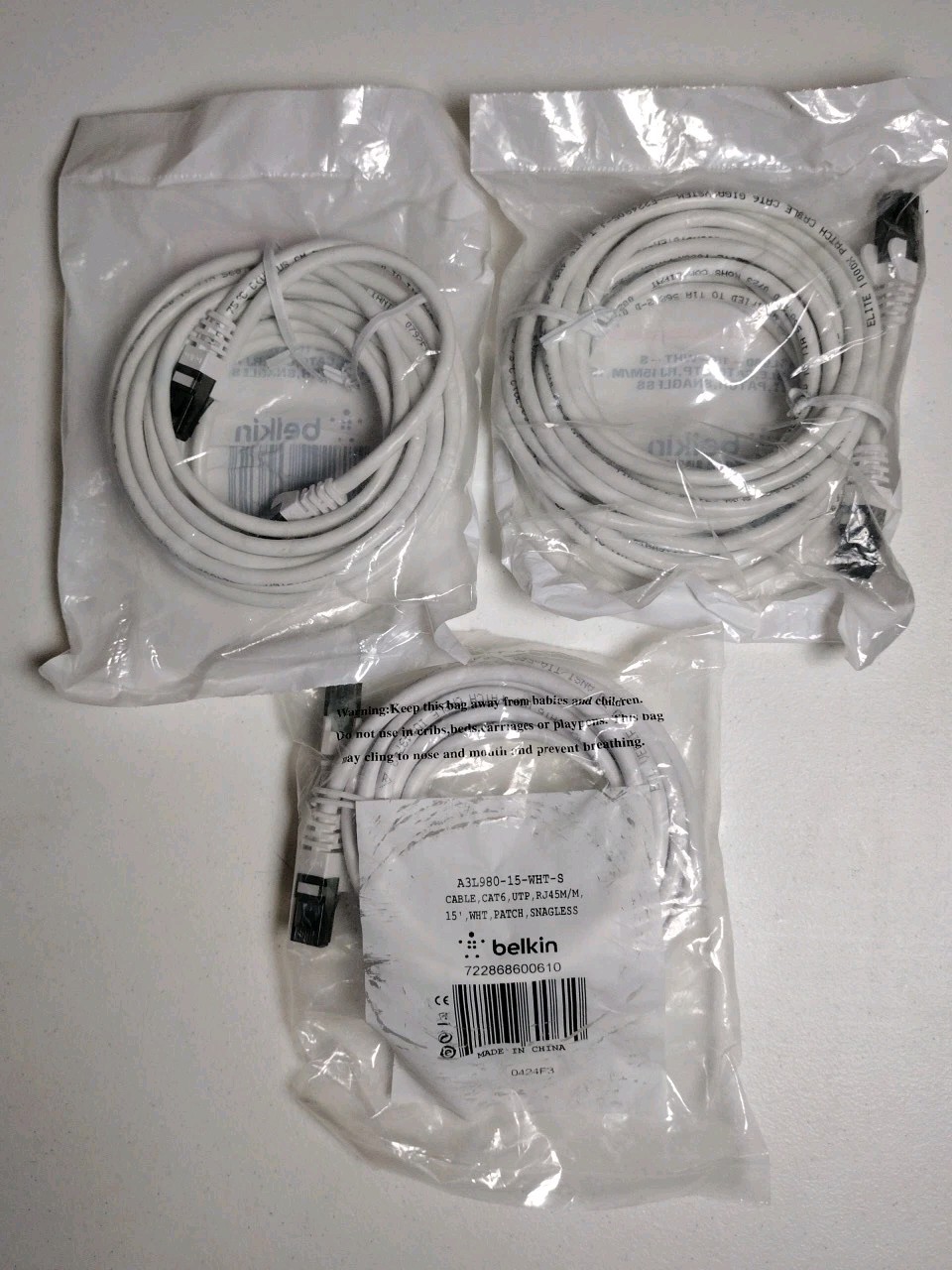 3pack- Belkin A3L980-15-WHT-S 15ft CAT6 Ethernet Patch Cable RJ45 M/M White