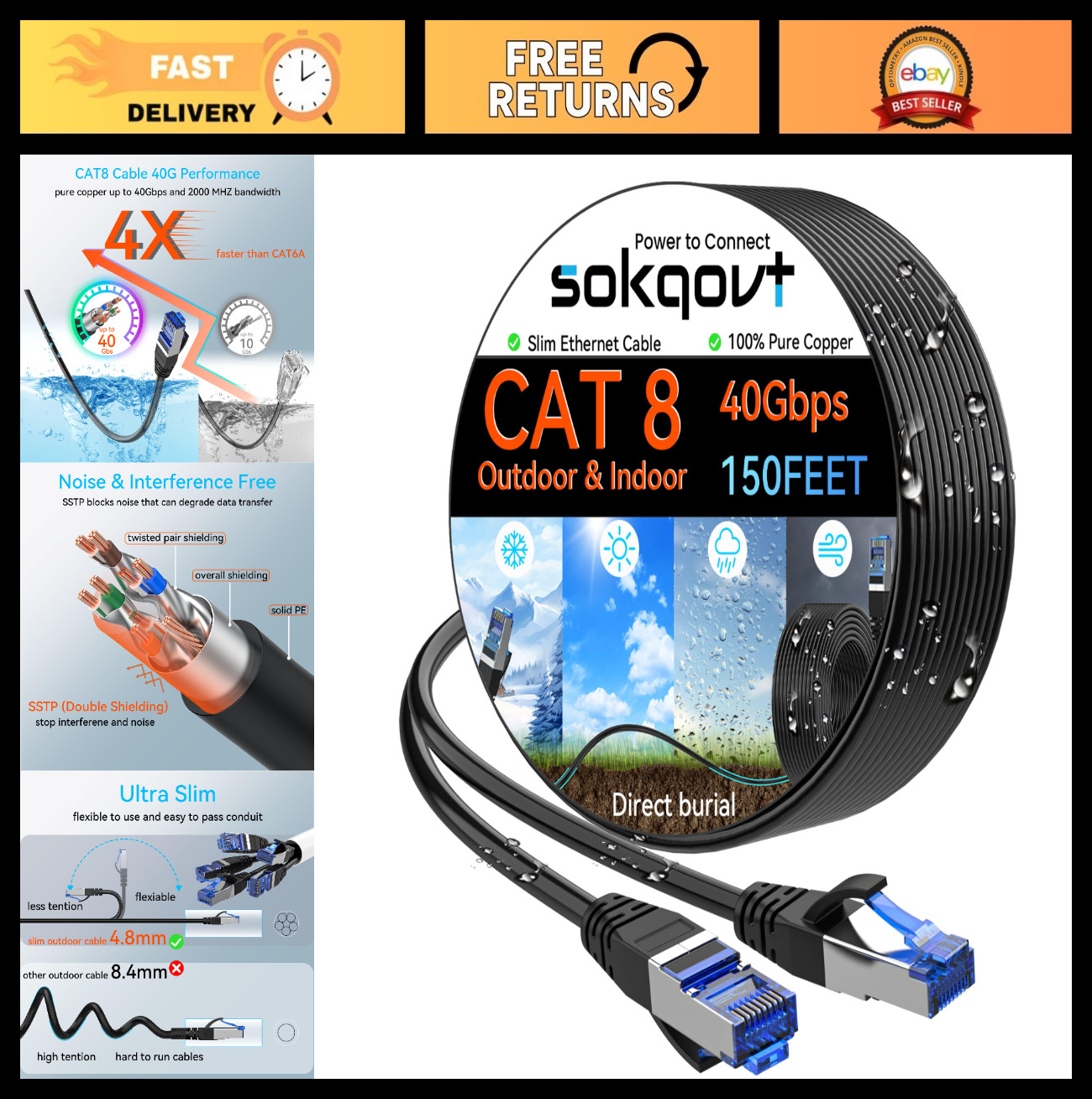 150ft Cat 8 Ethernet Cable, Slim & Flexible, Waterproof for Indoor/Outdoor, 40G