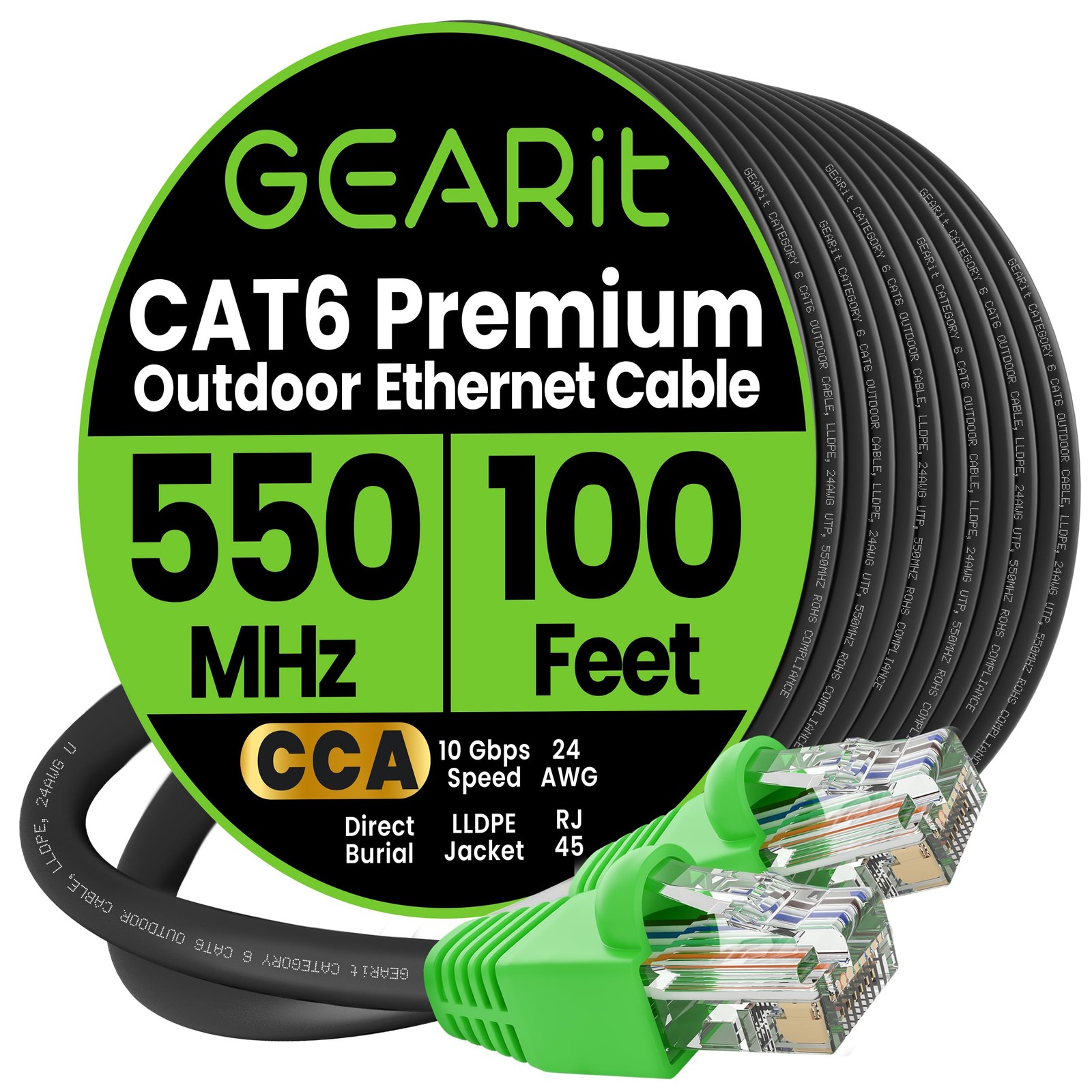 Cat 6 Outdoor Ethernet Cable 100ft, 10Gbps, UV-Resistant, Waterproof, RJ45