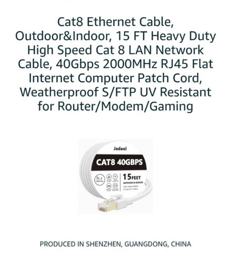 JADAOL~Cat 8 Ethernet Cable 15 Ft Modem/Router/Gaming/PC NEW In Sealed Packing