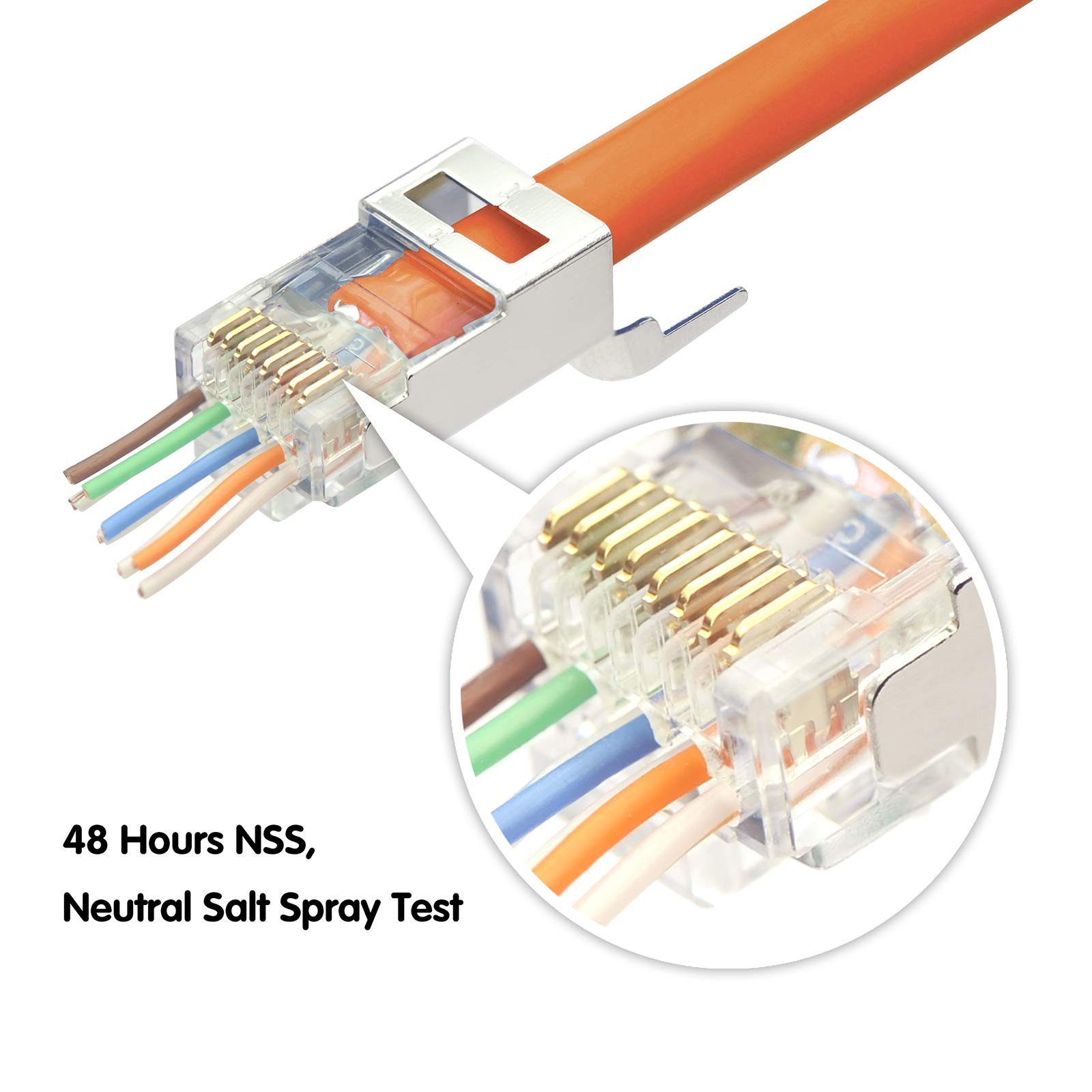 50-Pack UL-Listed Cat7 Cat6A Shielded Pass Through RJ45 Connectors 3-Prong