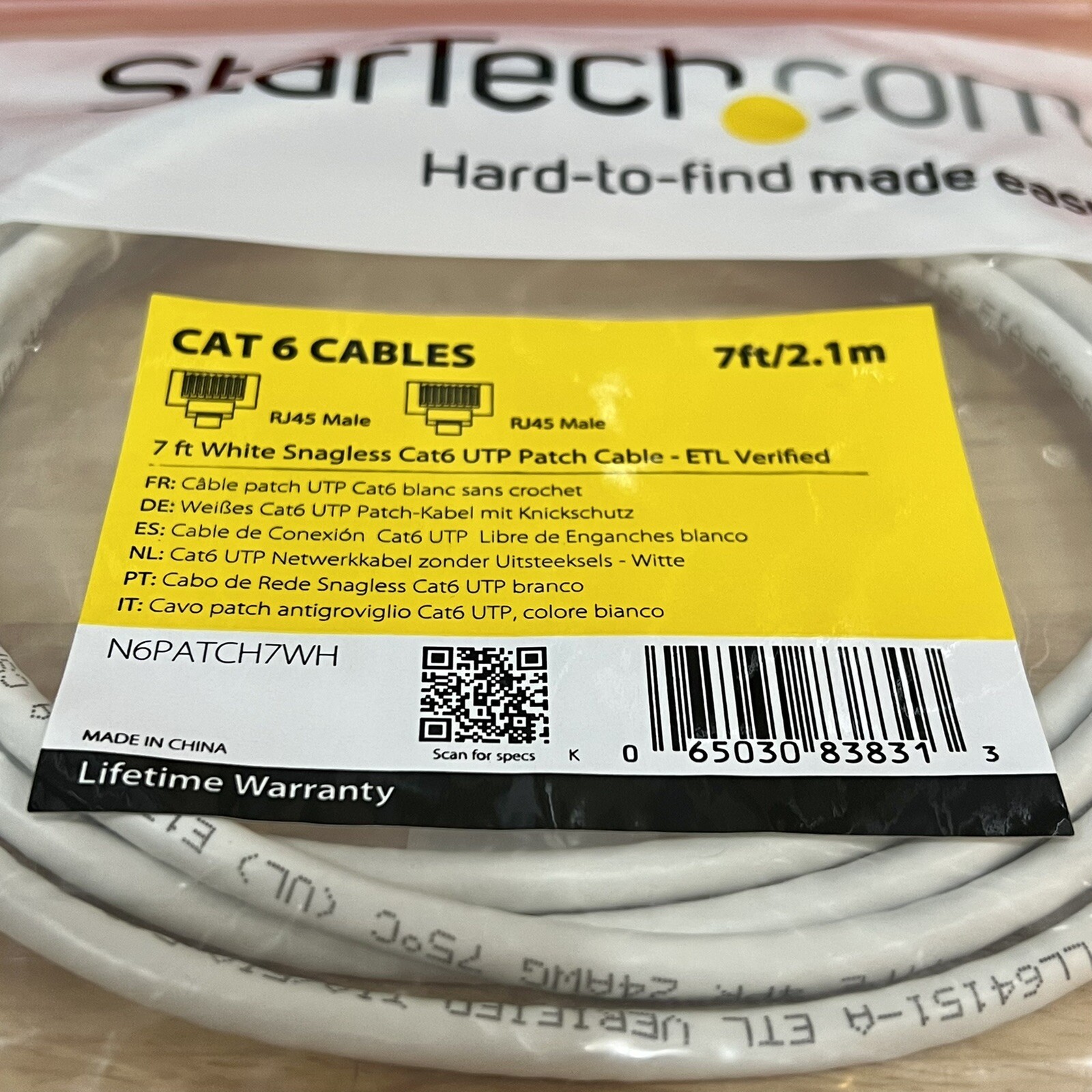 BRAND NEW StarTech 7ft. / 2.1m White Snagless Cat6 UTP Patch Cable ETL Verified