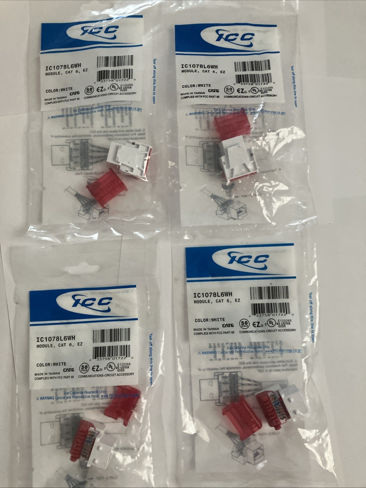 ICC IC1078L6WH CAT6 RJ45 Keystone Jack Wall Plate Ethernet Cable Connectors 4 Pc