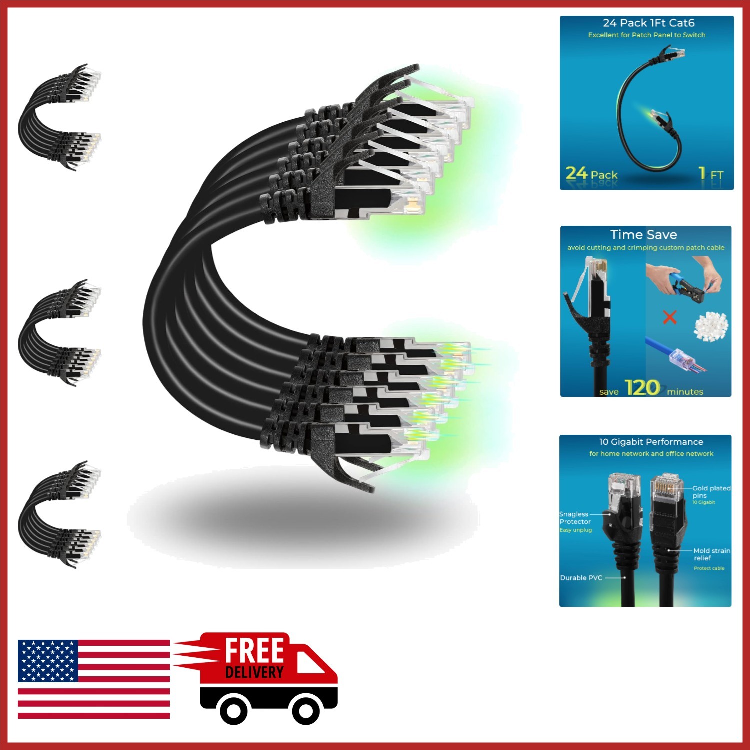 24 Pack Cat 6 Patch Cables 1ft for Network Communication High Speed 10G