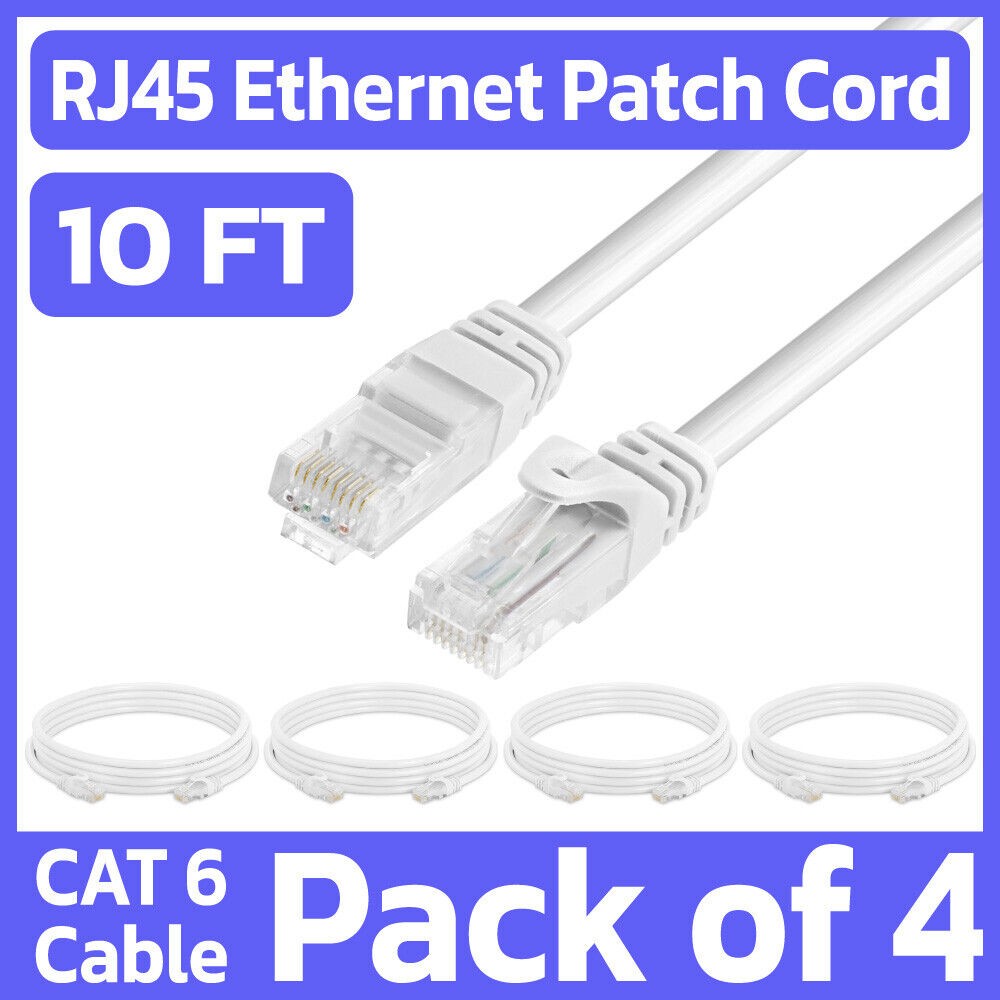 4 Pack 10 Feet Cat6 Patch Cable White LAN Ethernet Cord Network Internet Cable