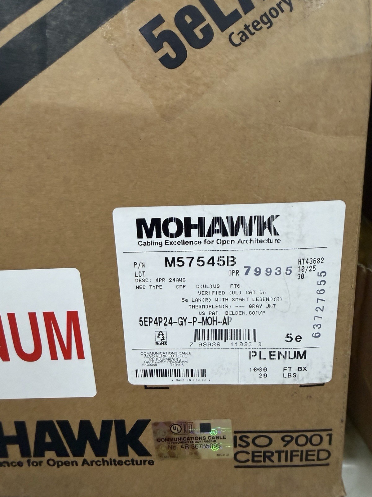 1000′ Mohawk 5EP4P24-GY-P-MOH-AP-1000FEET Cat 5e LAN 4P 24AWG UTP Plenum Cable