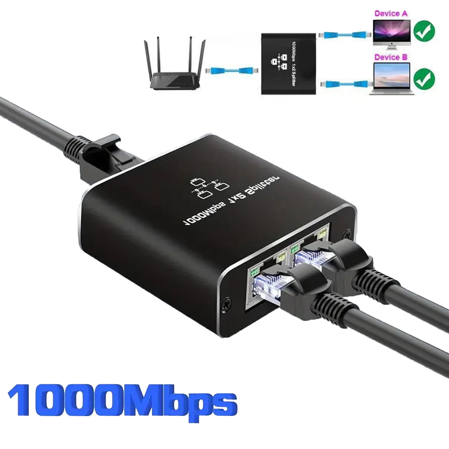 RJ45 Gigabit Ethernet Splitter 1000Mbps LAN Network Internet 1 to 2 Out Adapter