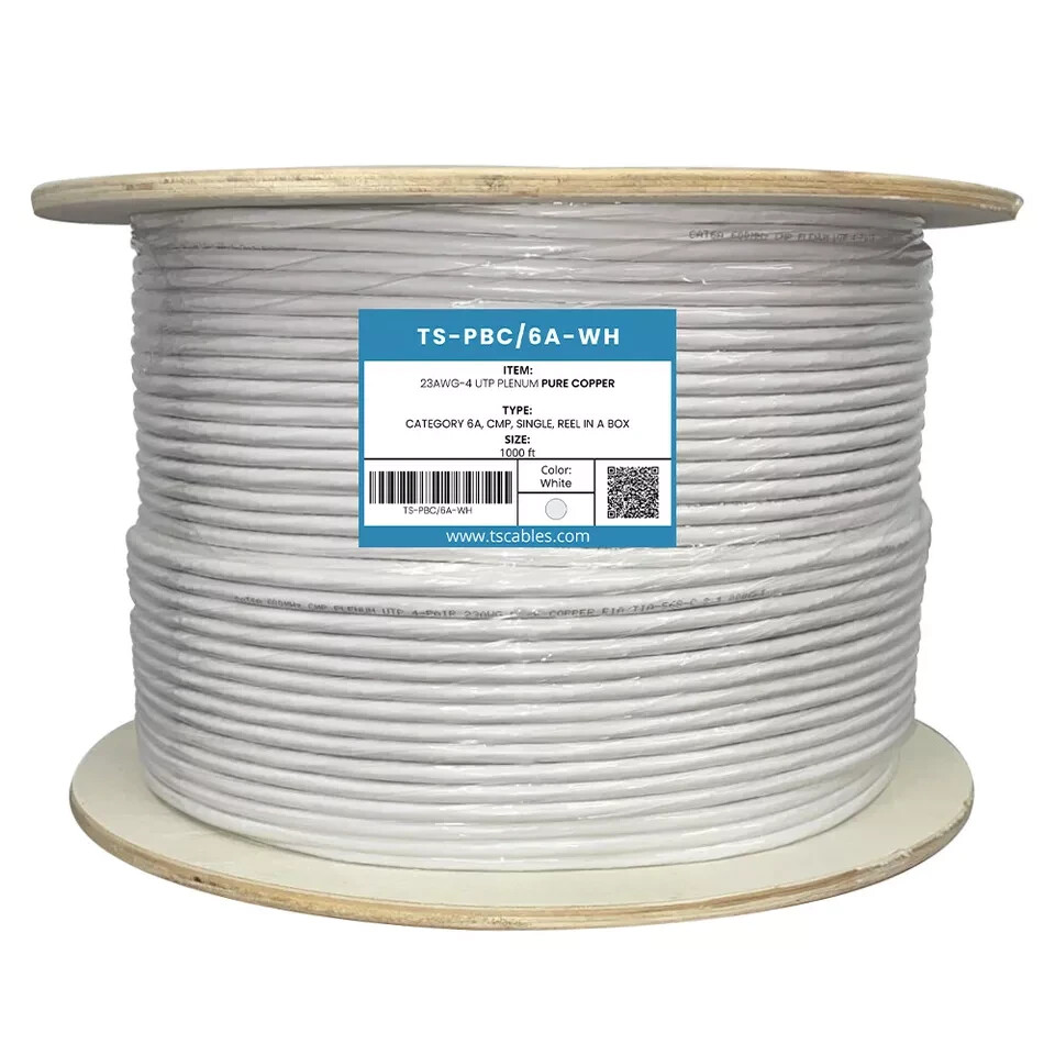 TS Cables Cat6a Plenum Solid Bare Copper 750 Mhz UTP 1000ft Ethernet Cable White