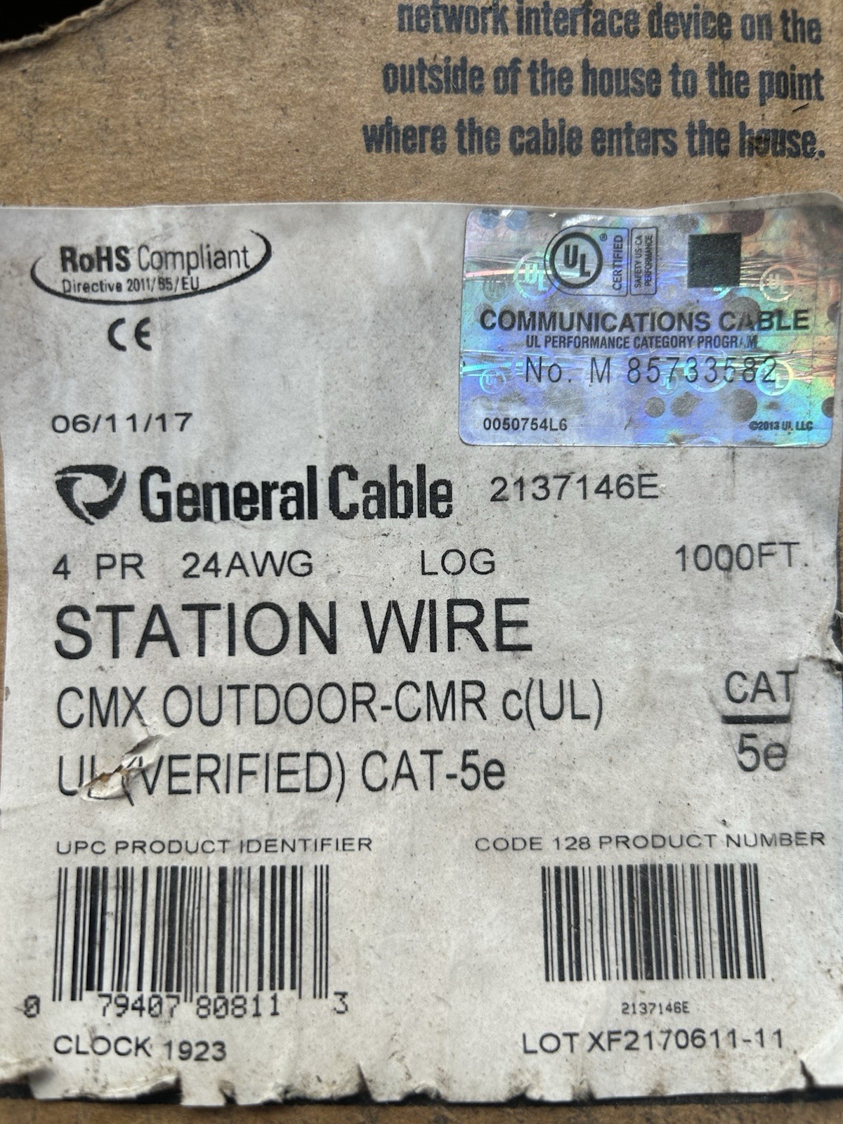 General Cable Cat5e CMX Outdoor-CMR 4PR 24AWG 100+ Feet Exact Length Unknown