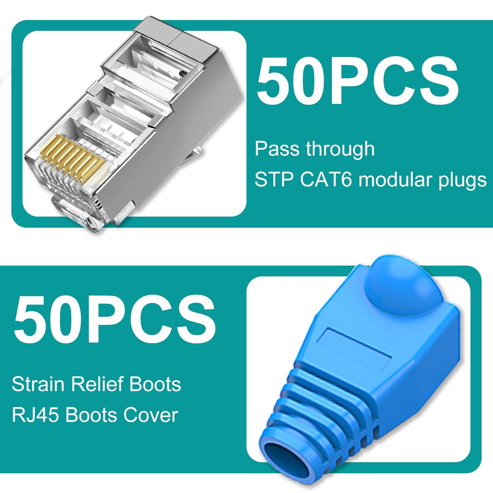 50 Pack Cat 6 Shielded Pass Through RJ45 Connectors STP Network Cable Plugs