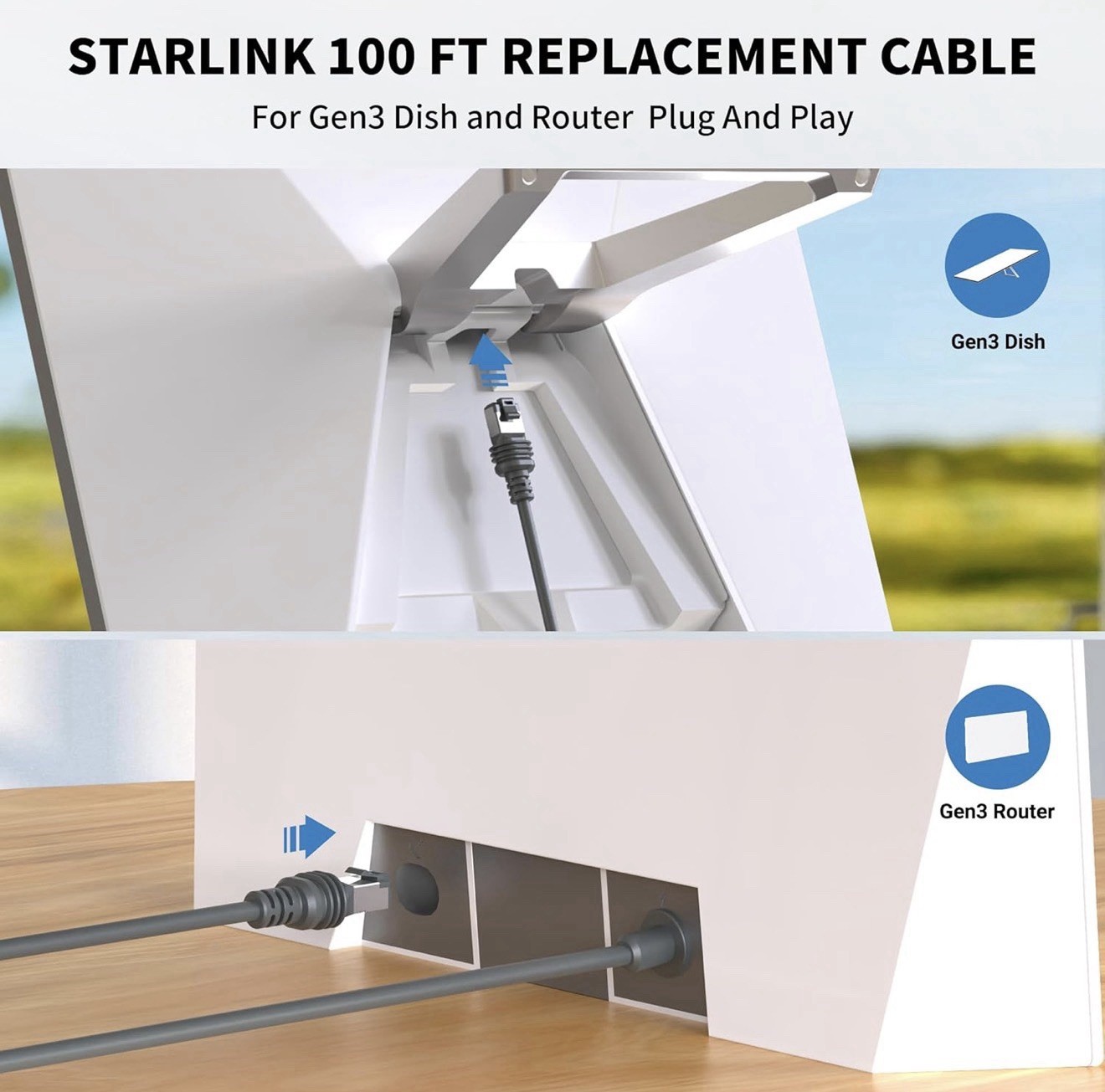 100FT (30M) Starlink Gen 3/4/4X/V4 Waterproof Satellite Replacement Cable Grey