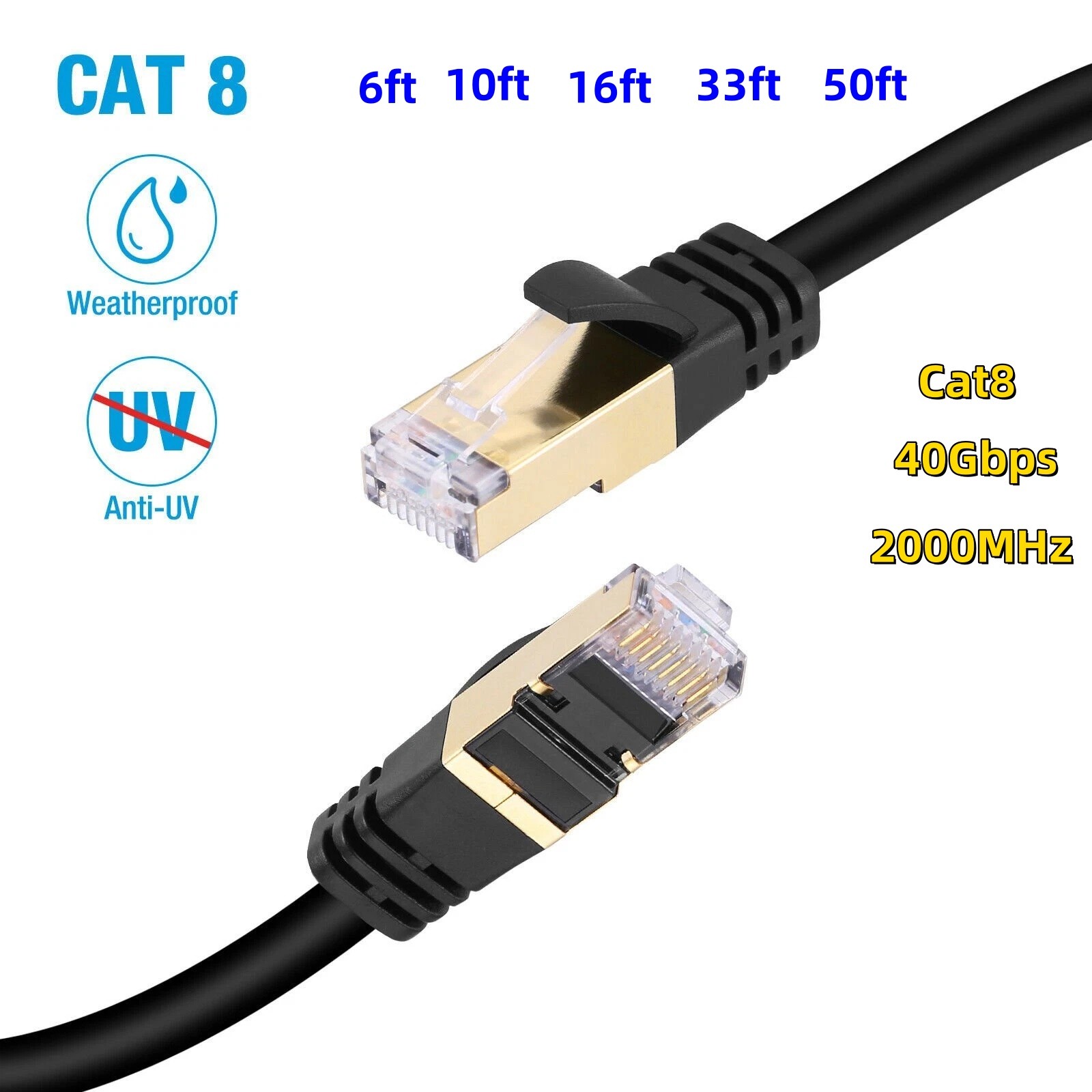 Cat 8 Ethernet Cable 40Gbps 2000MHz – Shielded SFTP Gold Plated RJ45, 30m 40Gbps