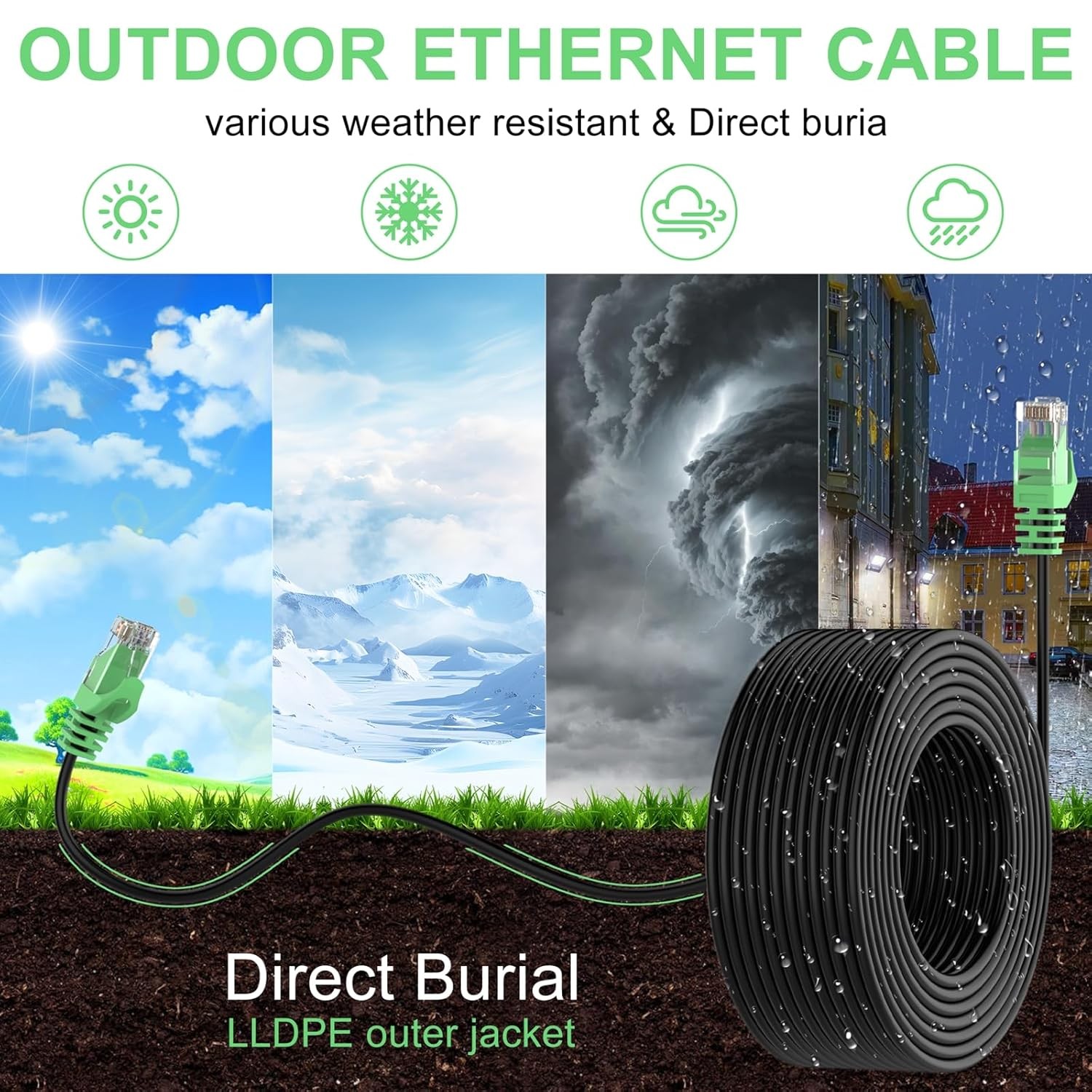 150FT Cat6 Outdoor Ethernet Cable In-Ground Heavy Duty Direct Burial 24AWG new