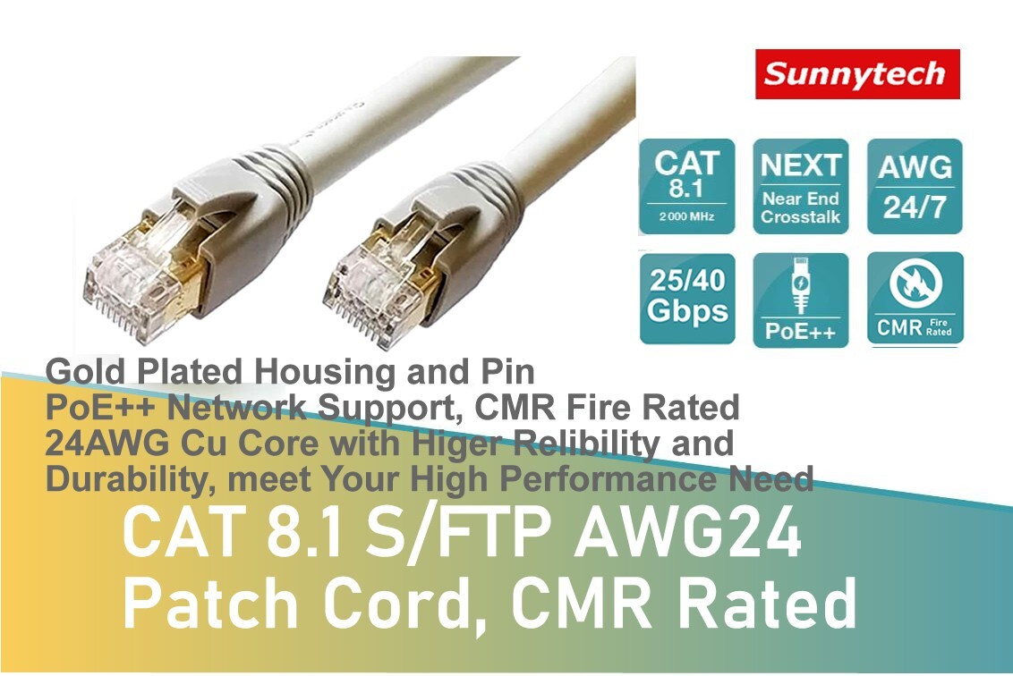 Sunnytech CAT8 CMR AWG24, 2000MHz 40Gbps PoE++, Fire Rated Patch Cord, Grey, 3ft