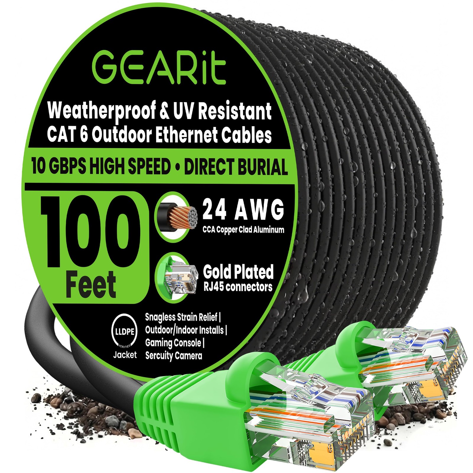 Cat6 Ethernet Cable 100ft Direct Burial Outdoor 24AWG 10Gbps/550 MHz RJ45 Black