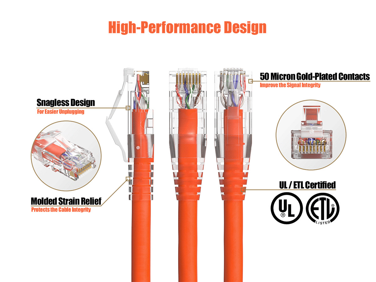10ft Cat6 Ethernet Patch Cable with Clear Boot, UTP, Pure Bare Copper, Orange