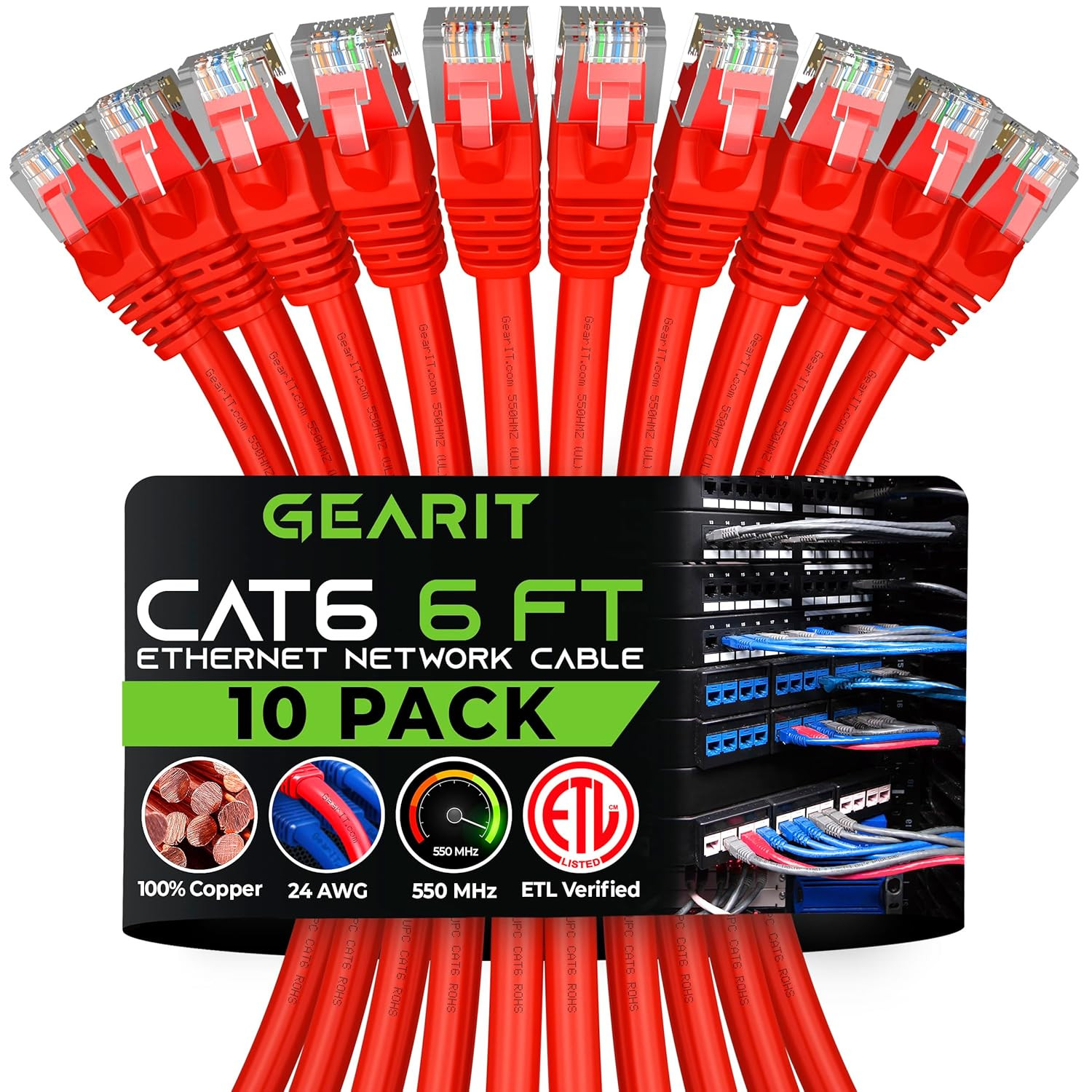 Cat 6 Ethernet Cable (10-Pack 6 Feet) Cat6 Network Patch, 10Gbps, RJ45, Snagless