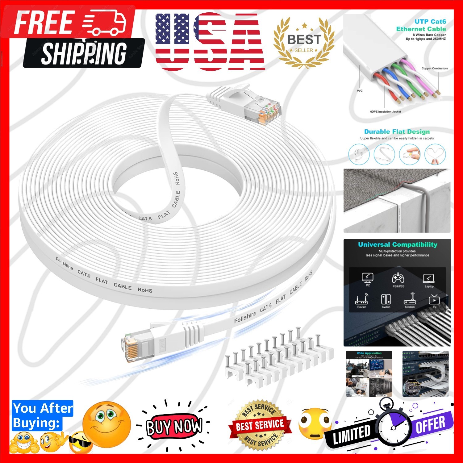 60 ft Ethernet Cable, Cat 6e/Cat 6 Long Internet Cable with Snagless Rj45 Con…